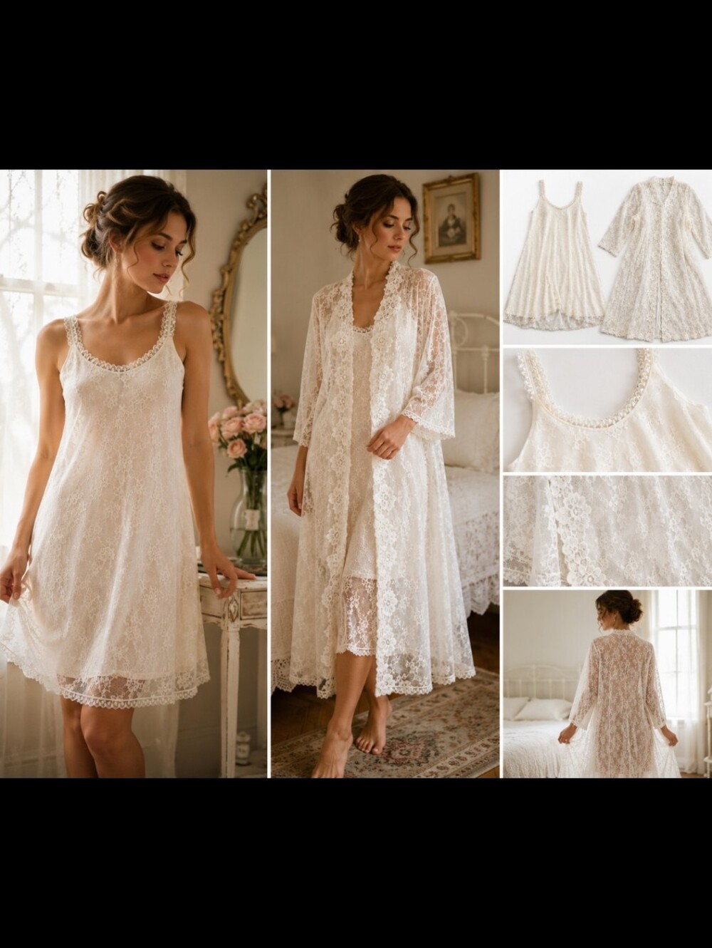 Vintage Harvey Woods Ivory Peignoir Set | Nylon Tricot Lace Nightgown Robe 1960s